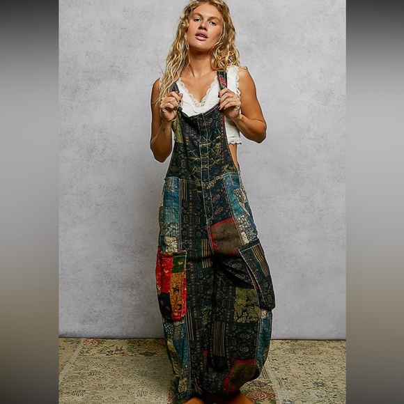 Boho Patchwork Wide-Leg Overalls - Multicolor - Picture 5 of 8